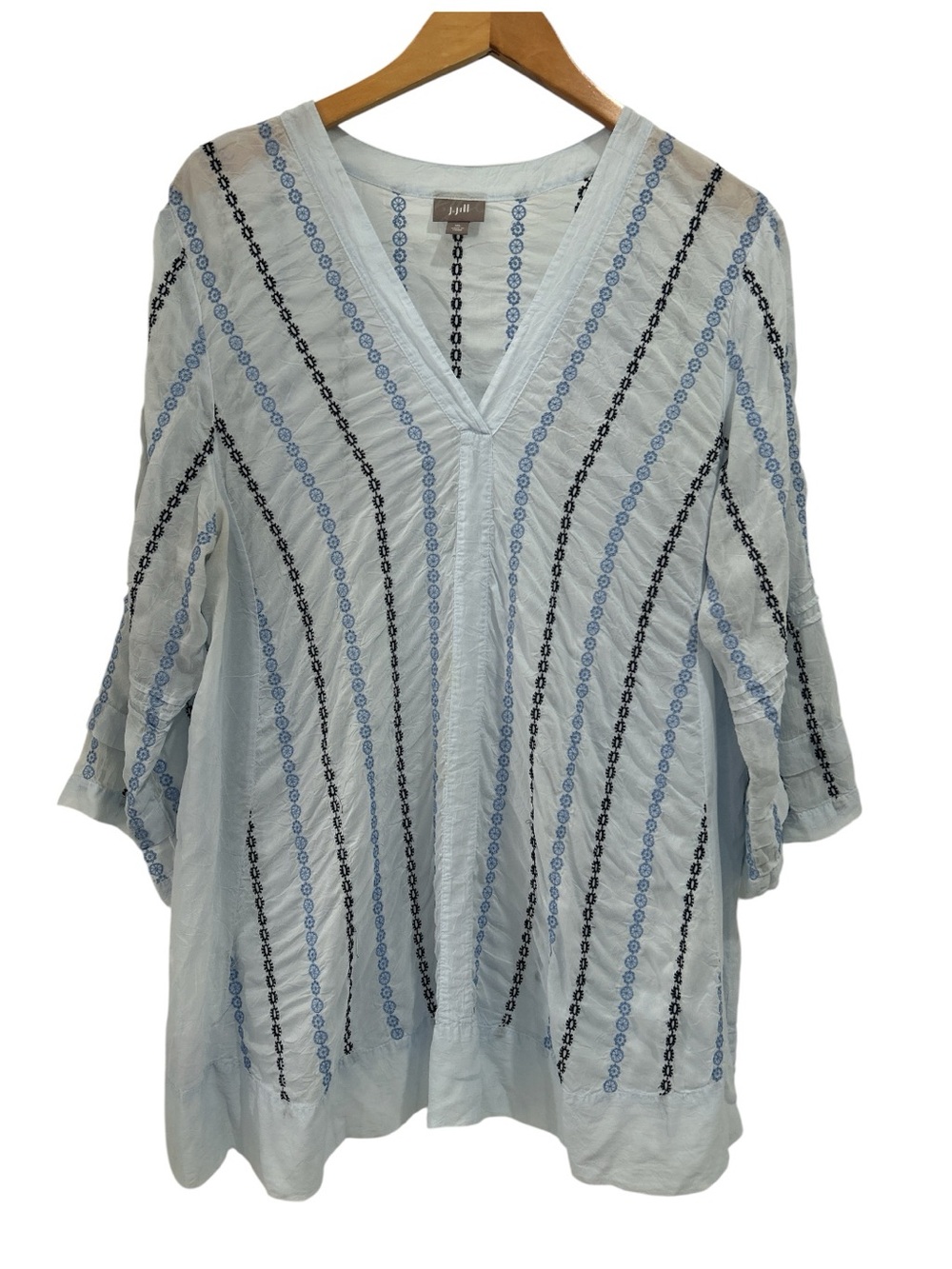 J. Jill Rayon Tunic Top Light Blue Black Embroidered Stitch Flowy V-Neck  - XL